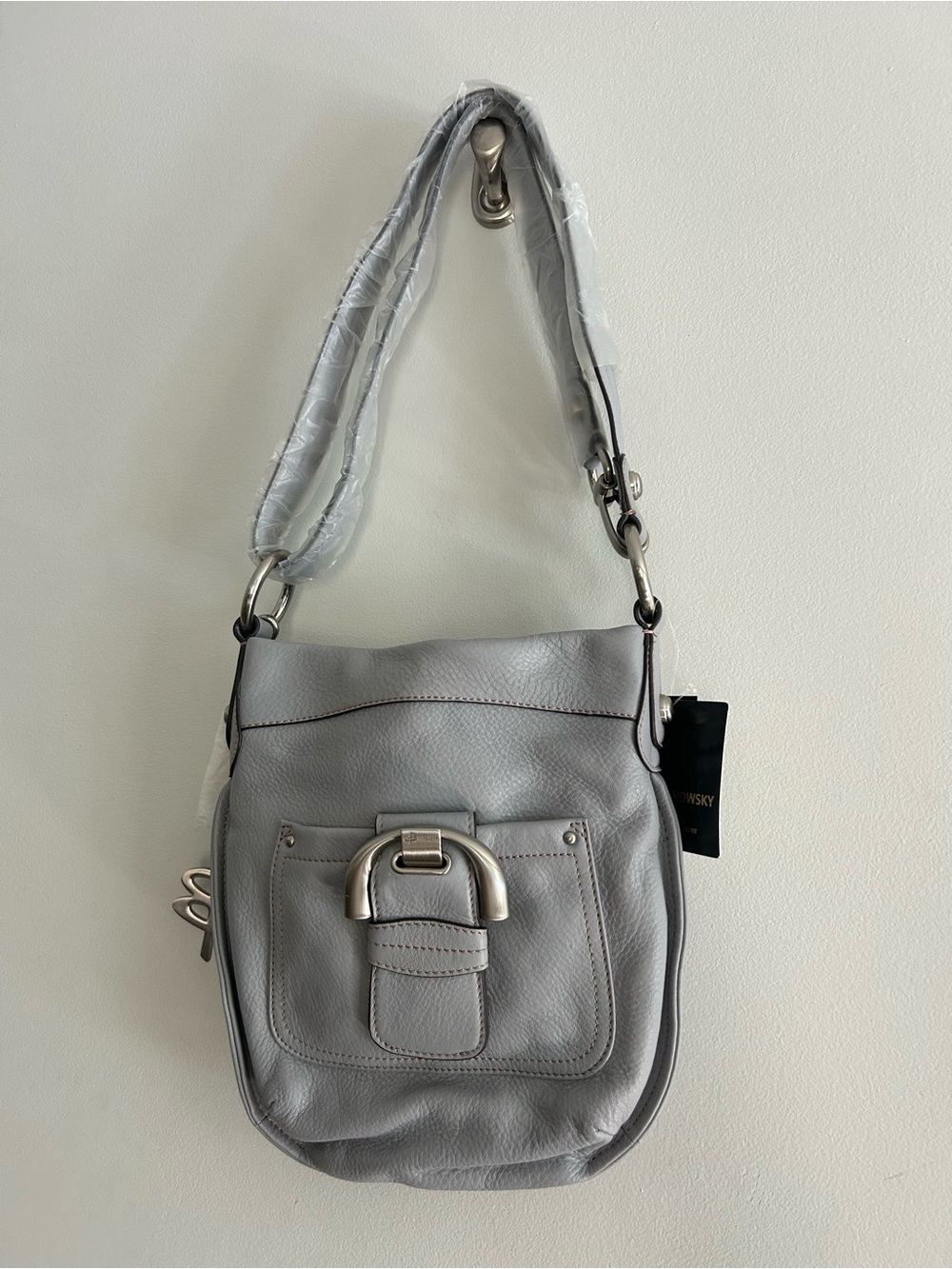 B MAKOWSKY Blue/Gray Leather Shoulder Bag with Silver Buckle